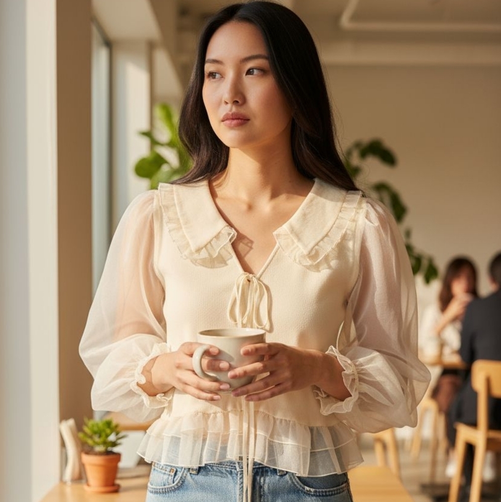 Zara Cream Blouse with Sheer Sleeves